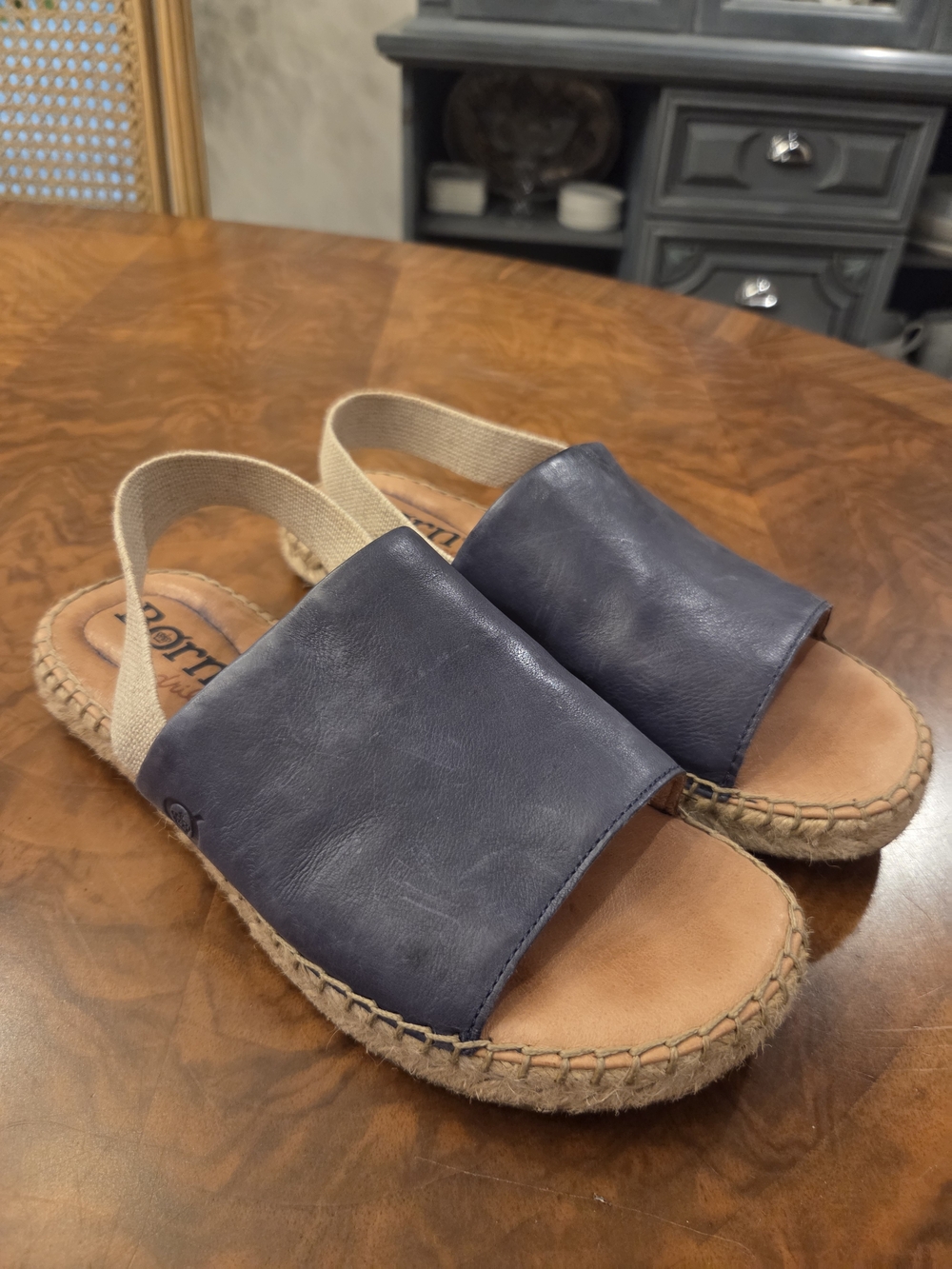 Born Navy Leather Slingback Espadrille Sandals